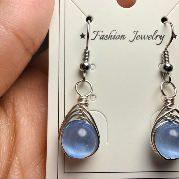 Blue Selenite Wire Wrapped Earrings | Tarnish Resistant - Picture 4 of 4